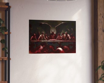 May include: A painting depicting a dark, dramatic scene with a group of figures seated around a table. A figure with horns and wings sits at the head of the table, surrounded by other figures. The scene is lit with a warm, reddish glow, creating a sense of mystery and intrigue.