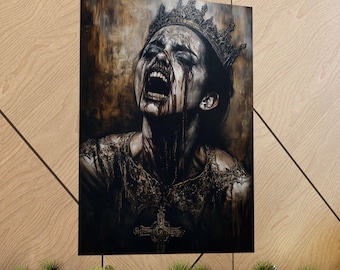 May include: A dark and dramatic painting of a woman wearing a crown and a flowing gown. Her face is contorted in a scream, and blood is dripping from her eyes and mouth.