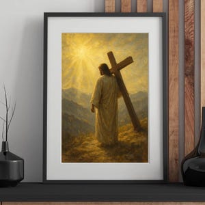 Jesus carrying the cross, Modern christian art, Bible wall art, Printable poster, Digital oil paint wall art