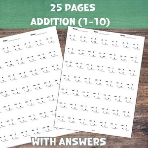 25 Pdf-Seiten mit druckbaren Math-Additions-Arbeitsblättern zum Addieren der Zahlen 1 bis 10 | Homeschool Übungsblätter mit Lösungsschlüssel