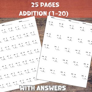 25 Pages of Printable Math Addition Worksheets to Add numbers 1 thru 20 | Homeschool Practice Worksheets with Answer Key - PDF File