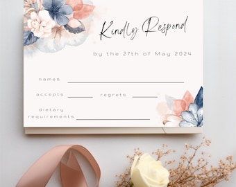 RSVP Card Editable Template Dusty Pink and Navy Blue Floral Boho Wedding RSVP Photo Postcard Instant Download. FREE Envelope Addressing File