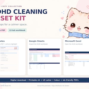Könnte beinhalten: Ein digitales ADHD-Reinigungsset mit einem 38-seitigen PDF und einer Arbeitsmappe mit 12 Reitern. Die Grafik zeigt eine Cartoon-Katze, den Text Penni's Cozy Collection sowie Vorschauen für Goodnotes, Google Sheets und Microsoft Excel.