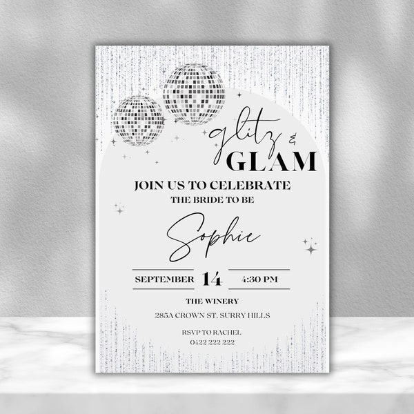 Glitz and Glam Bachelorette Invitation Template, Silver Glitter Bachelorette Template, Disco Ball Bachelorette Invitation Template