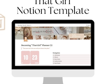 Può includere: Uno schermo di computer che mostra un modello Notion intitolato "Becoming "That Girl" Planner (1)". Il modello include un calendario con le date 10 e 23, e un menu di navigazione con opzioni per Diario giornaliero, Cura della pelle, Tracciamento del sonno, Nutrizione sana e Tracciamento dell'umore.