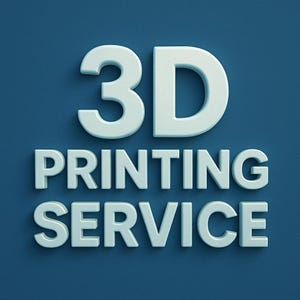 Op de afbeelding: Witte 3D-tekst op een blauwe achtergrond met de tekst "3D PRINTING SERVICE".