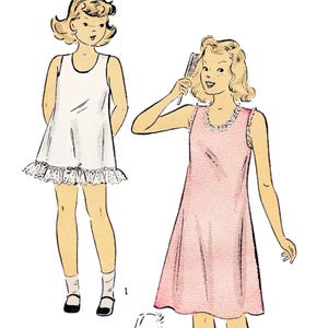 May include: Vintage sewing pattern for a sleeveless dress with a lace trim. The pattern is for a chest size of 23 inches or 58 centimeters. The pattern is illustrated with two girls wearing the dress.