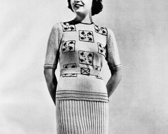 1930s Knitting Pattern PDF • Bust 34" • Knit Dress Set, Midi, Embroidered Pullover Sweater • 1937
