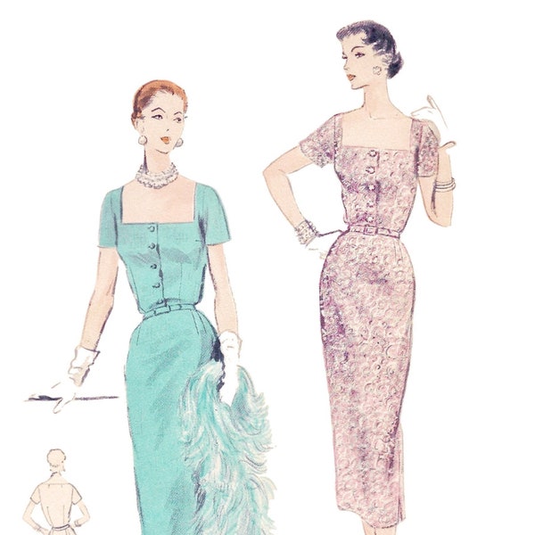 Bust 34"/86cm • Vintage 1950s Sewing Pattern PDF Download • 50s Wiggle Dress Pencil Skirt Midi Length Short Sleeve • Square Neck Top Buttons