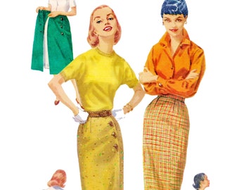 1950s Wrap Skirt Sewing Pattern PDF • Waist 26" • Pencil Skirt, Midi • 1956
