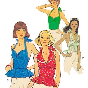 Modello di cucito vintage PDF anni &#39;70 anni &#39;70 • Top con scollo a cuore, camicetta, gonna con peplo, colletto, top corto • Busto 34&quot;/86 cm • 1974