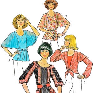 Może przedstawiać: Ilustracja vintage wykrojów krawieckich na damskie bluzki. Obraz przedstawia cztery różne projekty bluzek z różnymi stylami rękawów i wzorami. Tekst brzmi "Paper Ladies Patterns" i "S-7931 • Obwód klatki piersiowej 86cm".
