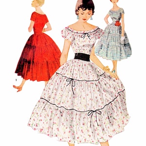 1950s Sewing Pattern PDF Vintage 50s Sewing Pattern • Puff Sleeve Party Dress Pattern Fiesta Dress Boatneck Dress • Bust 34&quot;/86cm • 1954