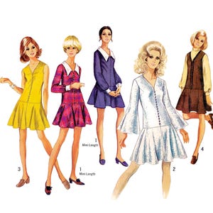 May include: Paper Ladies Patterns S-8287 Bust 35 inches. An illustration of five dresses: a yellow sleeveless dress, a red plaid long-sleeve dress, a purple long-sleeve dress with a white collar, a white bell-sleeve dress, and a brown dress with long sleeves.