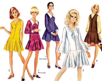 Schnittmuster für ein Kleid mit tiefer Taille aus den 1960er Jahren (PDF) • Brustumfang 89 cm • Engelsärmel, Glockenärmel • 1969