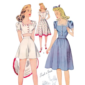 Vintage Sewing Pattern PDF 1940s 40s 1942 • Puff Sleeve Dress Square Neck Crop Top High Waist Shorts Skirt Two-Piece Set • Bust 32"/81cm