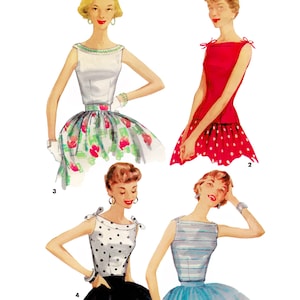 May include: Vintage sewing pattern illustration featuring four dress designs. The text reads "Paper Ladies Patterns" and "S-1201 • Bust 30"/76cm". The dresses include a white top with a floral skirt, a red dress with white polka dots, a black and white polka dot dress, and a blue striped dress.