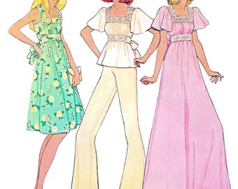 1970s Dress Sewing Pattern PDF • Bust 32.5" • Cottagecore Dress, Prairie, Boho, Square Neckline • 1975