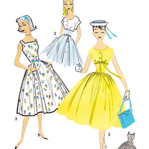 May include: Illustration of a vintage sewing pattern, showing three women in dresses. The text reads "Paper Ladies Patterns" and "A-8280 • Bust 33"/84cm". One woman wears a yellow dress, another a white dress with a floral print, and the third a blue skirt and white top.