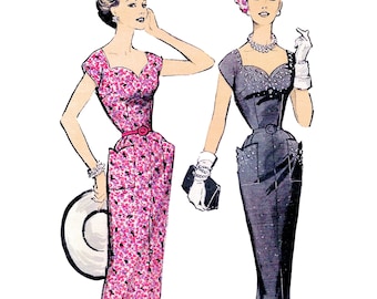 1950s Cocktail Dress Sewing Pattern PDF • Bust 36" • Sweetheart Neck, Cap Sleeve • 1957
