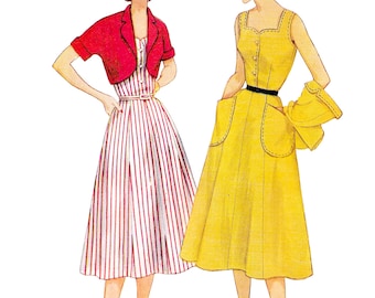 1950s Dress Sewing Pattern PDF • Bust 32" • Summer Dress, Sweetheart Neckline, Midi, Bolero • 1953