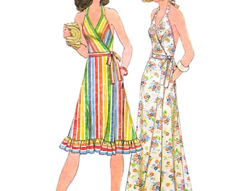 Schnittmuster für ein Wickelkleid aus den 1970er Jahren (PDF) • Brustumfang 81 cm • Neckholderkleid, Rüschensaum, Maxikleid • 1976