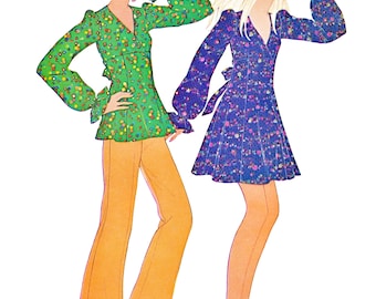 Schnittmuster für ein Babydoll-Kleid aus den 1970er Jahren (PDF) • Brustumfang 81 cm • Empire-Kleid, Hose, Oberteil • 1973