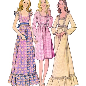 May include: Vintage sewing pattern titled "Paper Ladies Patterns" with three dress designs. The bust size is 34 inches (86cm). The dresses are illustrated in purple, pink, and yellow, each with unique details like butterfly prints and ruffles.