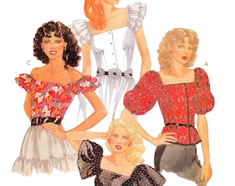 1980s Blouse Sewing Pattern PDF • Bust 34" • Bustier, Corset Top, Ruffle/Puff Sleeve • 1983