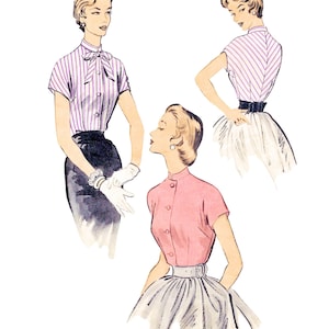 May include: Vintage sewing pattern illustration titled "Paper Ladies Patterns". The image features three illustrations of women wearing blouses and skirts. The bust size is 34 inches (86cm). The blouses are pink and striped, with short sleeves.