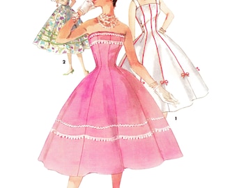 1950s Party Dress Sewing Pattern PDF • Bust 34" • Full Skirt, Strapless, Square Neck • 1955