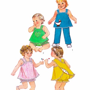May include: Vintage sewing pattern illustration showing four children's outfits. The outfits include a green romper, blue overalls with a duck, a pink striped dress, and a yellow romper. Chest measurements are 48+51 cm.