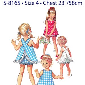Molde de costura infantil vintage em PDF • Tamanho 4 / 4T / 4 anos • Blusa com decote cruzado, vestido e calcinha tipo bloomers