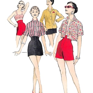May include: A sewing pattern illustration titled Paper Ladies Patterns A-8274 Bust 34"/86cm featuring four figures wearing various outfits including high-waisted shorts, a striped button-down shirt, a yellow collared shirt, and a floral print cropped jacket.