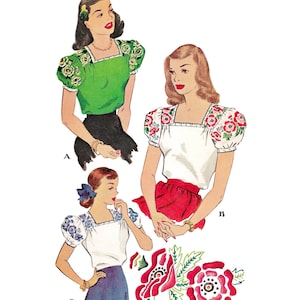 May include: Vintage sewing pattern illustration titled "Paper Ladies Patterns" M-1384. The image features three illustrations of women wearing blouses with floral embroidered sleeves and square necklines. Bust size is 34 inches (86cm).