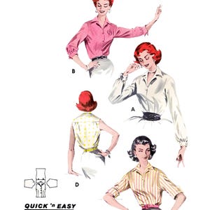 Pode incluir: Padrão de costura vintage intitulado "Paper Ladies Patterns" B-8097, busto 81 cm. A imagem apresenta ilustrações de blusas femininas em vários estilos, incluindo uma camisa rosa com botões e um top amarelo com bolinhas. A frase "Quick 'n Easy" também é visível.