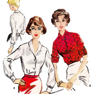 Może przedstawiać: Ilustracja vintage wzoru szycia przedstawiająca kobiety w bluzkach i spódnicach. Obraz zawiera tekst "Paper Ladies Patterns" i "M-4625 • Obwód klatki piersiowej 86cm". Bluzki są białe i czerwone, z kwiatowymi wzorami.