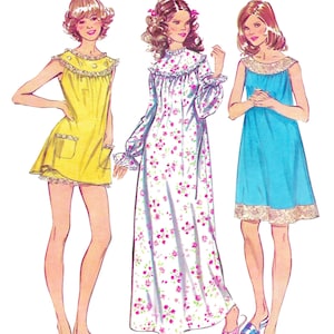 Może przedstawiać: Koperta z wykrojem krawieckim zatytułowana Paper Ladies Patterns S-5030 Bust 83cm. Ilustracja przedstawia trzy ubrania: krótką żółtą sukienkę z kieszeniami, długą białą koszulę nocną w różowe kwiaty oraz niebieską sukienkę do kolan.