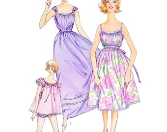 1960s Dress Sewing Pattern PDF • Bust 32" • Puff Sleeve, Nightgown, Lingerie, Chemise, Bloomers • 1961