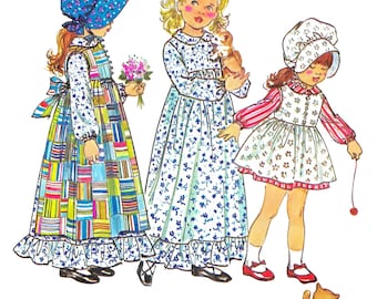 Vintage Mädchen Kleid Schnittmuster PDF • Größe 3 Jahre • Mütze, Schürze, Schürze, Puffärmelchen