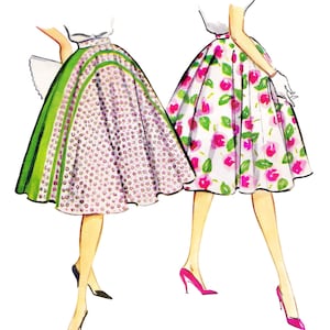 May include: A sewing pattern illustration titled Paper Ladies Patterns M-4979 Waist 64cm. The image displays two full skirts: one with a small purple floral print and green vertical panels, and another with a large pink rose floral print.