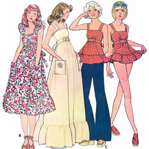 May include: Illustration of a vintage sewing pattern featuring four women in various outfits. The text reads "Paper Ladies Patterns" and includes the bust size of 83cm (32.5 inches). The outfits include floral and solid-colored dresses and tops.