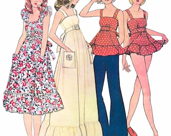 1970s Babydoll Dress Sewing Pattern PDF • Bust 32" • Cottagecore, Ruffle Top, Bloomers, Prairie • 1975