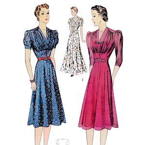 Patrón de costura de vestido de los años 30 en PDF • Busto 32" • Bata, bata, manga abullonada, cuello en V, maxi • 1939