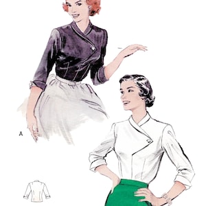 May include: Vintage sewing pattern illustration showing two women wearing wrap-style blouses. The blouses are in black and white, paired with a skirt. The text "Paper Ladies Patterns" and "B-6219 • Bust 32"/81cm" are displayed at the bottom.