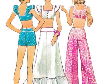Schnittmuster für Hosen im Stil der 1970er Jahre (PDF) • Bundweite 61 cm • BH-Top, Maxirock, kurze Shorts • 1973
