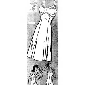 May include: Vintage sewing pattern for a slip dress. The pattern includes a line drawing of the dress design, with a bust measurement of 36 inches. The text "Paper Ladies Patterns" is at the top in a script font.