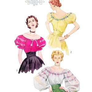May include: An illustration for a vintage sewing pattern, "Paper Ladies Patterns." The image shows three blouse designs with puff sleeves and off-the-shoulder necklines. The bust size is 81 cm (32 inches). The blouses are in pink, yellow, and white.