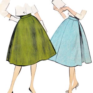 Może przedstawiać: Ilustracja dwóch kobiet w spódnicach w stylu vintage, jedna zielona, druga błękitna. Tekst brzmi "Paper Ladies Patterns" i "V-9557 • Talia 24"/61cm".