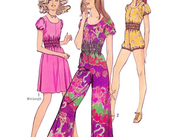 Schnittmuster (PDF) für ein Kleid aus den 1970er Jahren • Brustumfang 86 cm • Jumpsuit, Overall, Puffärmel, Petite-Größe • 1971
